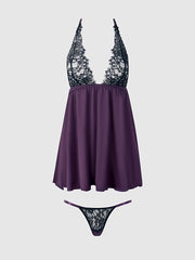 Jocelyn Lace and Satin Halter Babydoll Set